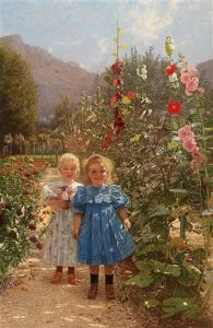 Two Girls In A Blossoming Garden by Frigyes Friedrich Miess