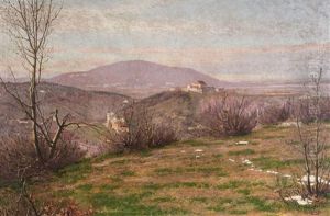 Landschaft Mit Blick Auf Kronstadt Vom Burghals Aus Richtung Schlossberg Mit Schloss Und Pulverhaus, Schlossbergzeile, Im Hintergrund Der Zeidner Berg by Frigyes Friedrich Miess