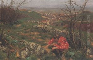 Madchen Beim Blumenpflucken by Frigyes Friedrich Miess