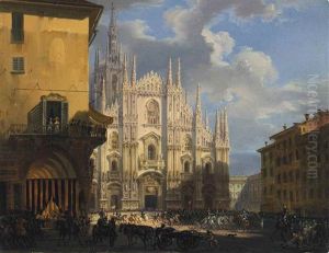 View Of Piazza Duomo With The Coperto Dei Figini And The Isolato Del Rebecchino, Milan by Giovanni Migliara