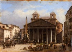 Vue Animee De La Place Du Pantheon, Rome by Giovanni Migliara