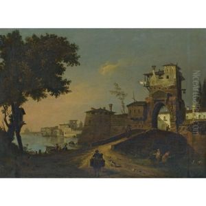 Italian Landscape With Figures Entering A Fortified Waterside Town by Giovanni Migliara