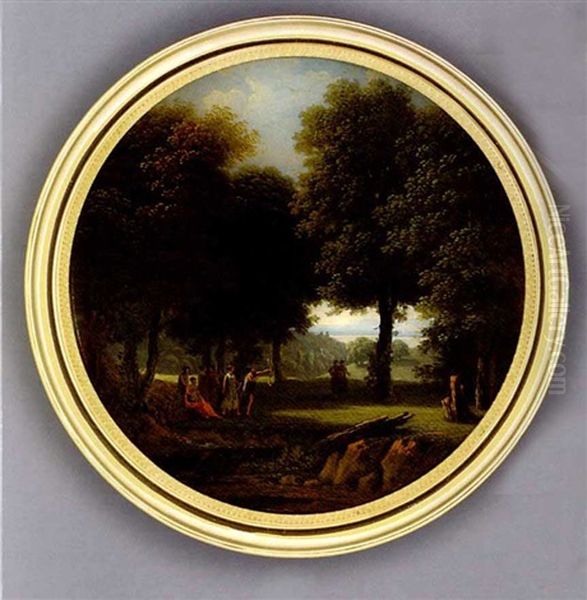 An Arcadian Landscape, Women In Classical Robes With Bows And Arrows In A Clearing In A Forest, Mountainous Landscape Beyond - view 1