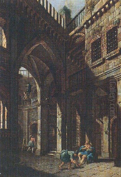 An Interior Of A Prison With A Guard Shackling A King - view 1