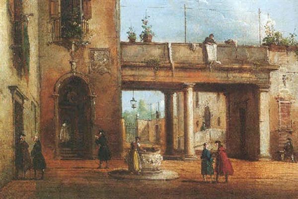 An Italian Piazza With Elegant Figures Conversing, A Woman Drawing Water From A Well - view 1