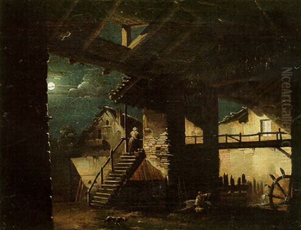A Moonlight Scene With Figures By A Water Mill - view 1