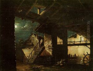A Moonlight Scene With Figures By A Water Mill by Giovanni Migliara