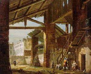 An Architectual Capriccio With Figures In A Dilapidated Barn, An Elegant Palazzo Beyond by Giovanni Migliara