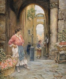 Altstadt Von Neapel Mit Einer Blumenverkauferin by Vincenzo Migliaro