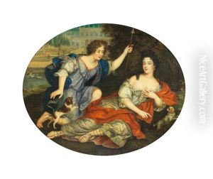Portrait Of Two Ladies With Their Dogs Before A Villa by Pierre Mignard