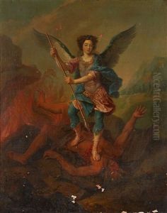Portrait Allegorique Dit Du Duc De Gesvres Enfant En Saint Michel Terrassant Le Demon by Pierre Mignard