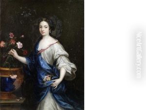 Portrait Of A Lady, Three-quarter-length, In A White Silk Dress And A Blue Shawl, Arranging Flowers