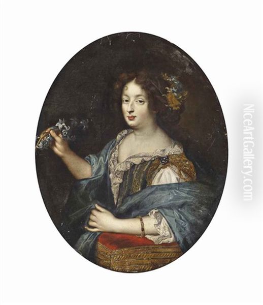 Portrait Of A Lady, Half-length, In A Lace-trimmed Green And Gold Dress And A Blue Wrap, Her Left Arm Resting On A Red Cushion And Blue Flowers In Her Right Hand - view 1