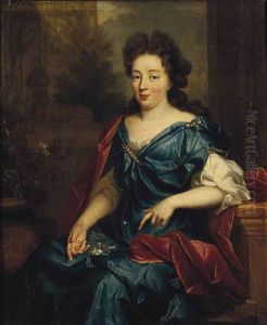 Portrait Of A Lady, Possibly Hortense Mancini, Duchess Of Mazarin (1640-1699), Three-quarter-length, Seated, In A Blue Silk Dress And Red Wrap... by Pierre Mignard