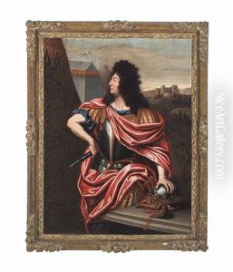 Portrait Of Louis Xiv (1638-1715), Three-quarter-length, As A Roman Emperor, Beside An Encampment, A Fortified Town Beyond by Pierre Mignard