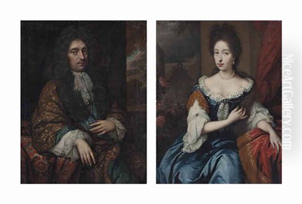 Portrait Of A Gentleman, Three-quarter-length, In A Gold-embroidered Coat...; Prtrait Of A Lady, Three-quarter Length... (pair) - view 1