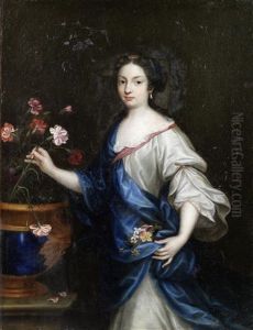 Portrait Of A Lady, Three-quarter-length, In A White Silk Dress And A Blue Shawl, Arranging Flowers by Pierre Mignard