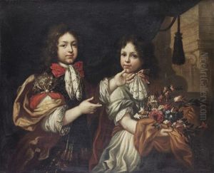 Portrait Of Two Boys, One Holding A Bouquet Of Flowers by Pierre Mignard