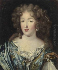 Portrait Of A Lady In A Blue And Gold Dress, With Pearl Ornaments In Her Hair