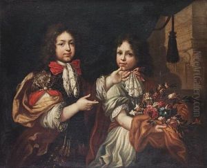Portrait Of Two Boys One Holding A Bouquet Of Flowers by Pierre Mignard