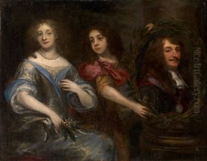 Portrait Of A Noble Lady, A Child At Her Side Holding A Cartouche Of Laurel With A Portrait Of Charles Ii by Pierre Mignard