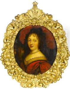 Portrait Of A Lady In A Red Dress And A Pearl Necklace, Before An Open Landscape by Pierre Mignard