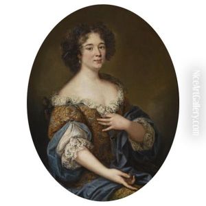 Portrait Of A Lady, Possibly Maria Mancini, Wearing A Richly Embroidered Dress And A Blue Shawl by Pierre Mignard