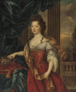 Portrait Of Marie-therese De Bourbon, Princesse De Conti (1666-1732), Three-quarter-length, In A Red And Gold Embroidered Dress, Flowers On A Red Velvet Cushion To Her Right, A Landscap by Pierre Mignard