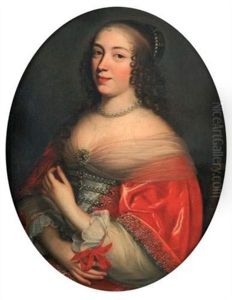 Portrait D'une Femme De Qualite, A Mi-corps, Vetue D'une Capeline Rouge A Broderie D'argent, Avec Un Ruban Rouge A La Manche by Pierre Mignard
