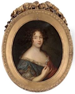 Portrait Of A Lady In A Blue Dress With Lace Trim And A Brown Wrap by Pierre Mignard