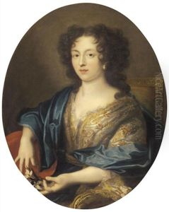 Portrait Of A Lady, Half Length, Wearing A Richly Embroidered Dress And A Blue Shawl And Holding A Flower by Pierre Mignard