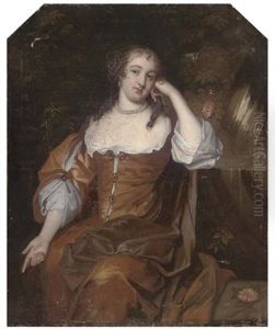 Portrait Of A Lady, Seated, In A Brown Dress And A Purple Wrap Before A Fountain by Pierre Mignard