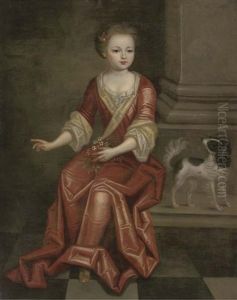 Portrait Of A Young Girl, Seated Full-length, In A Red Dress, By A Column, Holding A Sprig Of Jasmine In Her Left Hand, A Spaniel At Her Side by Pierre Mignard
