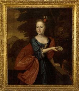 Portrait Of A Lady, In A Blue Dress And A Red Wrap, Holding A Scallop Shell By A Fountain, A Garden Beyond by Pierre Mignard