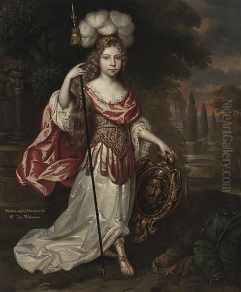 Portrait Of Madame Lagley, Daughter To Sir Thomas Whitemore, In A White And Pink Roman Dress, Holding A Spear And Shield Depicting The Medusa, With Classical Buildings Beyond - view 1