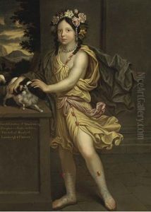 Portrait Of Princess Electrice Of Brandenberg, Standing Full-length, Dressed As Flora, With A Spaniel On A Ledge To The Side, And An Extensive Landscape Beyond
