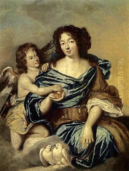 A Portrait Of A Lady As Venus, Wearing A Blue Satin Dress With A Gold And White Shawl, Holding Paris's Apple, Together With Cupid And Two Doves In The Foreground - view 1