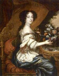 A Portrait Of A Lady, Seated, Wearing A White Dress With A Blue Shawl And Holding A Basket Of Flowers by Pierre Mignard