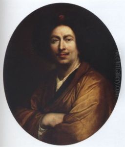 Portrait Of A Gentleman With A Fur-trimmed Hat, A Gold Satin Coat And A White Cravat by Pierre Mignard