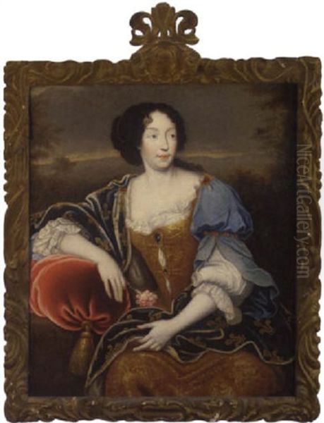 Portrait Of Louise Renee De Penancoet De Keroualle, Duchess Of Portsmouth, In A Gold Embroidered Dress And Fleur-de-lys Mantle, Holding A Carnation, In A Landscape - view 1