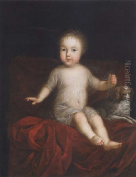 Portrait Of A Child, Sitting On A Red Satin Draped Chair Beside A Spaniel - view 1