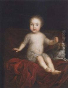 Portrait Of A Child, Sitting On A Red Satin Draped Chair Beside A Spaniel