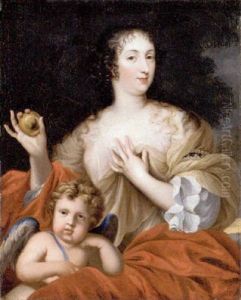 Portrait Of A Lady As Venus Seated In A White Dress With A Red Mantle, Holding A Golden Apple, With Cupid Beside Her by Pierre Mignard