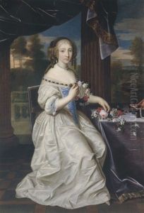 Portrait Of A Young Lady Wearing An Ivory And Blue Dress, Holding A Garland Of Flowers, Set Within A Portico