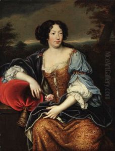 Portrait Of A Lady Seated, In A Blue And Gold Brocade Dress And An Ermine Lined Wrap, A Wooded Landscape Beyond