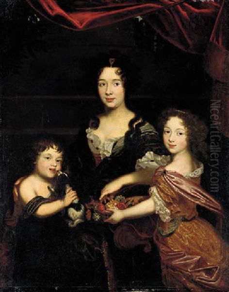 Portrait Of A Lady (countess Mancini?) In A Dark Purple Dress, With Her Son Holding A Dog And Her Daughter A Basket Of Flowers - view 1
