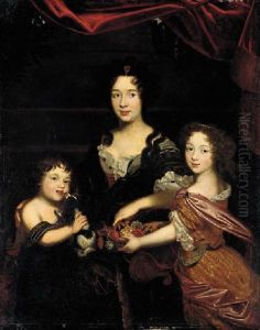 Portrait Of A Lady (countess Mancini?) In A Dark Purple Dress, With Her Son Holding A Dog And Her Daughter A Basket Of Flowers by Pierre Mignard