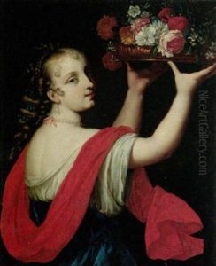 A Portrait Of A Young Lady, Holding Up A Basket Of Flowers A Portrait Of A Young Lady, Holding Up A Basket Of Flowers
