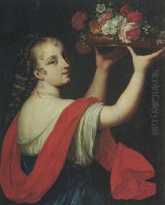 Portrait Of A Young Lady Holding Up A Basket Of Flowers by Pierre Mignard