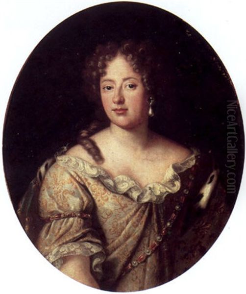 Portrait Of A Lady, Wearing A Low Cut Dress With Gold Brocade, Pearl And Ruby Jewellery And An Ermine Lined Blue Cloak Around Her Shoulder - view 1